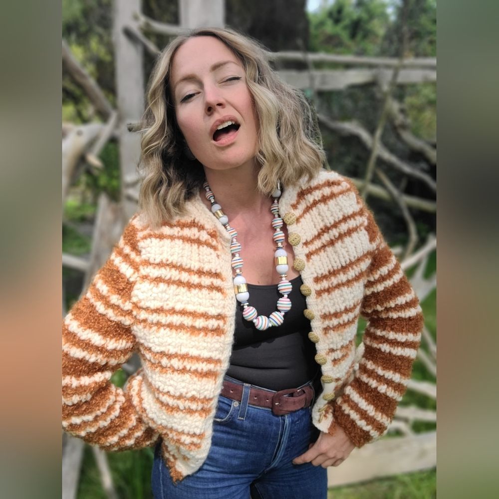 Vintage Chunky Striped Cardigan in Cream and Rust
